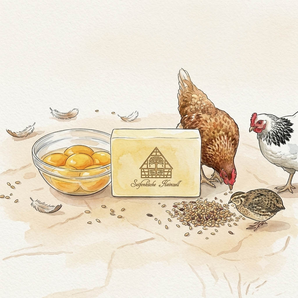 Aquarell-Illustration von zwei Hühnern (ein braunes und ein weiß-gesprenkeltes) und einer Wachtel, die auf einem sandfarbenen Boden Körner picken. Daneben steht ein Stück Seife mit dem Logo der Seifenküche Hainzell und eine Schale mit Eigelb. (KI-Illustration)
