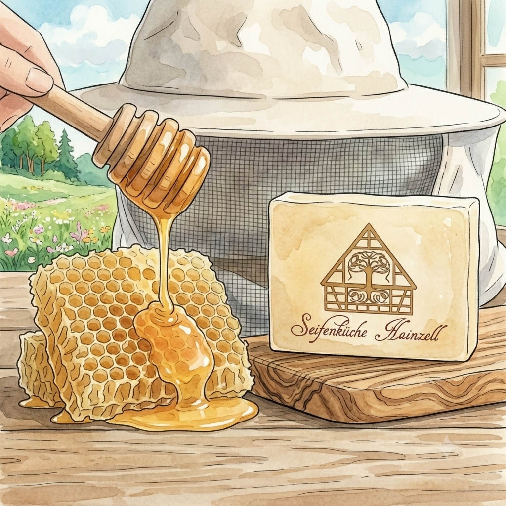 Aquarell-Illustration einer Hand, die mit einem Honiglöffel Honig von einer Bienenwabe schöpft. Daneben steht ein Stück Honigseife mit dem Logo der Seifenküche Hainzell vor einem Bienenkorb und einem blühenden Rapsfeld. (KI-Illustration)