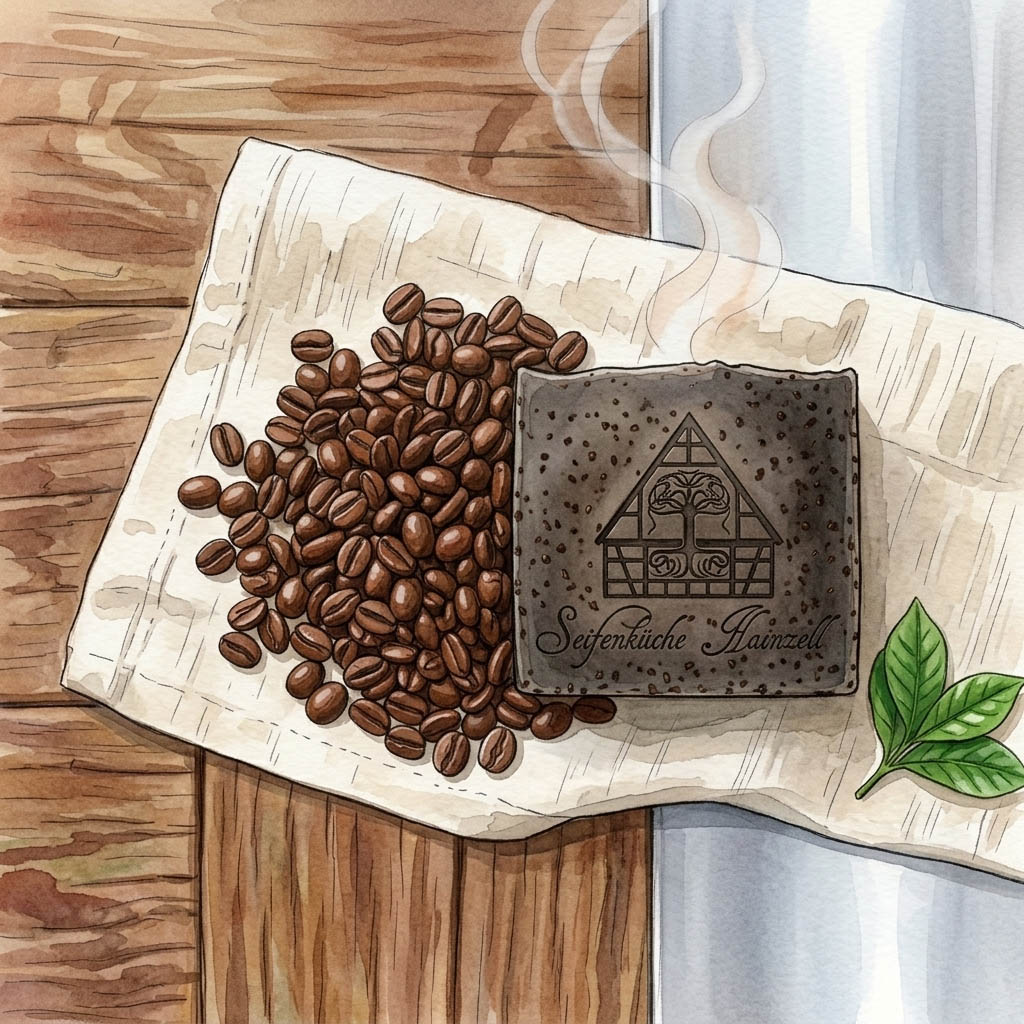 Aquarell-Illustration eines Stücks Kaffeeseife der Seifenküche Hainzell mit eingeprägtem Logo, das auf einem Leinentuch liegt. Daneben ruht ein Haufen gerösteter Kaffeebohnen. Vom Seifenstück steigt feiner Dampf auf. Rechts unten ist ein grüner Kaffeeblatt-Zweig zu sehen, alles auf einem Holzhintergrund. (KI-Illustration)