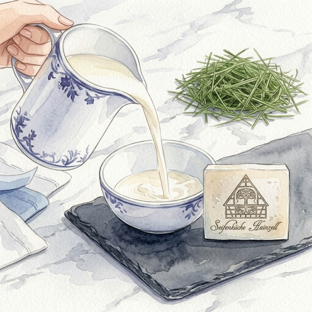 Aquarell-Illustration einer Hand, die Milch aus einem Krug mit blauen Blumenmustern in eine Schale gießt. Daneben liegen frischer Schnittlauch und ein Stück Seife mit dem Logo der Seifenküche Hainzell auf einer Schieferplatte. (KI-Illustration)