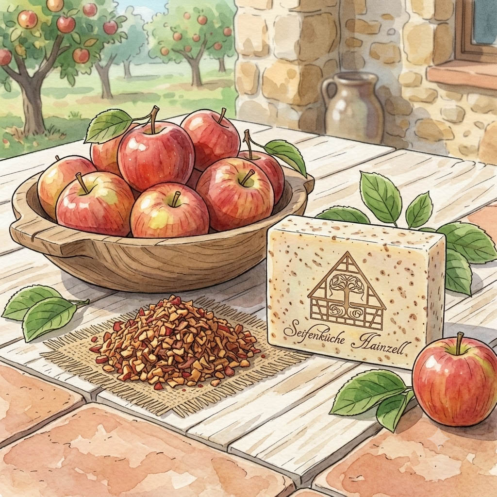 Aquarell-Illustration einer Holzschale mit roten Äpfeln in einem Obstgarten. Davor liegt ein Haufen getrockneter Apfelstücke auf einem Sackleinen-Tuch und ein Stück Seife mit dem Logo der Seifenküche Hainzell. (KI-Illustration)