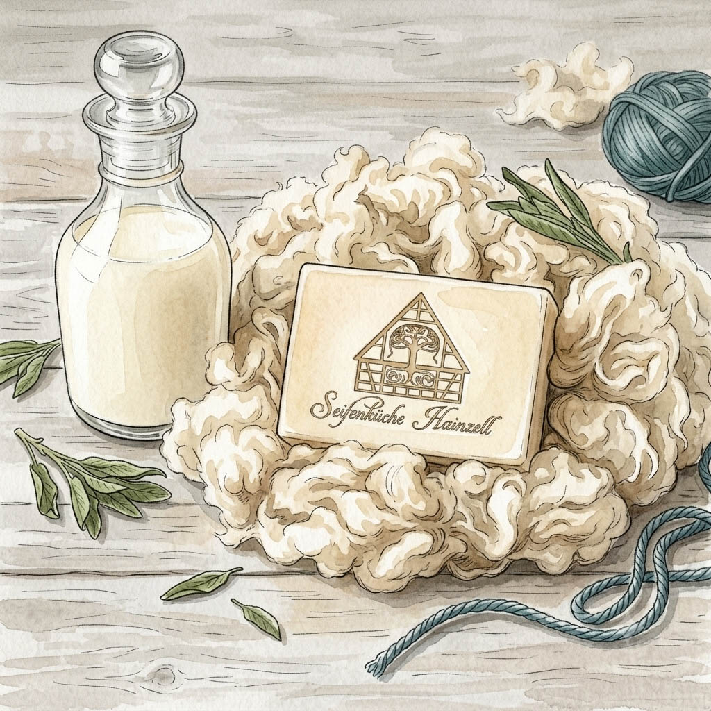 Aquarell-Illustration eines Stücks cremefarbener Seife der Seifenküche Hainzell, das auf einem Nest aus weicher, roher Alpakawolle liegt. Daneben steht eine Glasflasche mit Milch. Am Rand sind getrocknete Lavendelzweige und ein Knäuel blaues Wollgarn auf einem Holzhintergrund zu sehen. (KI-Illustration)